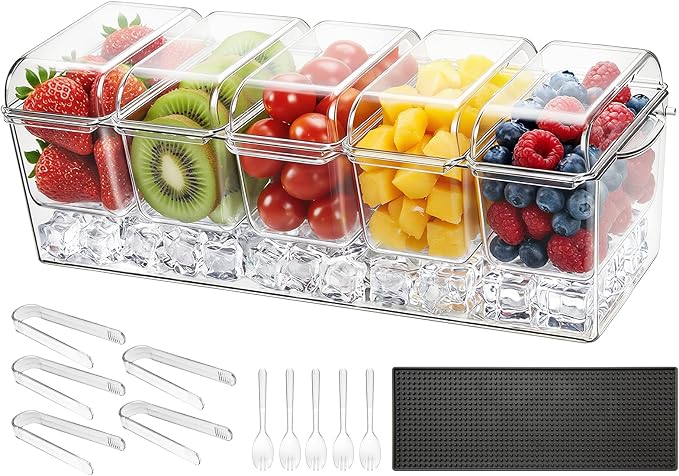 VEVOR Chilled Condiment Server Caddy, 5 Compartment Ice Cooled Serving Container, Plastic Fruit Garnish Tray Platter with Separate Lid, for Taco Salad Bar Accessories, Party Home Restaurant Supplies