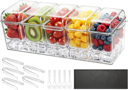 VEVOR Chilled Condiment Server Caddy, 5 Compartment Ice Cooled Serving Container, Plastic Fruit Garnish Tray Platter with Separate Lid, for Taco Salad Bar Accessories, Party Home Restaurant Supplies