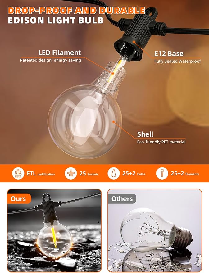 Kawaya G40 Outdoor String Lights Solar 50FT IP65 2700K LED Patio Light | IP65 Shatterproof Hanging Edison Blubs,2700K Warm White for Garden Porch Fence Camping Party Backyard Deck Bistro Balcony