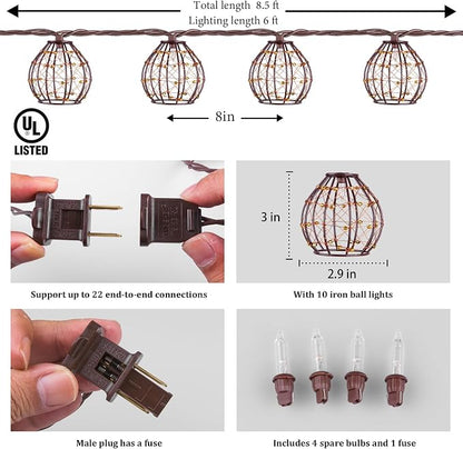 2 Pack Decorative String Lights, 8.5ft with 10 Gold Beaded Copper Wire Lanterns, UL Certified Connectable Fairy Lights for Indoor & Outdoor Porch, Garden, Patio, Wedding Decor