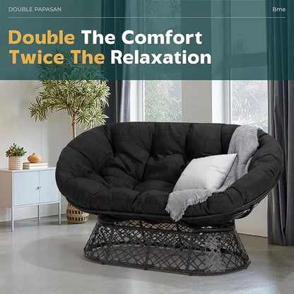 Bme Double Papasan Chair, 600lbs Capacity, Ergonomic Design, Soft Thick Fabric Cushion, Bee-Designed Base, Durable Steel Frame, 61", Onyx Stone - Black Base