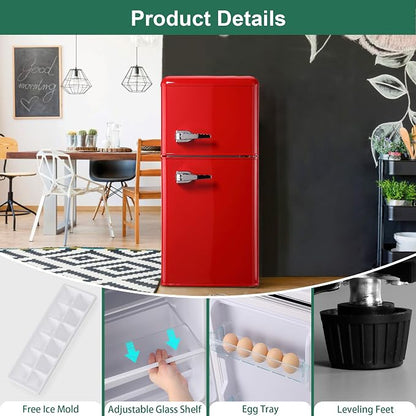 Retro Fridge with Freezer, 3.5 Cu. Ft. Mini Fridge Red | Small Refrigerator with 7-Level Adjustable Thermostat, Retro Compact Refrigerator 2-Door Fridges for Apartment/Dorm/Office/RV