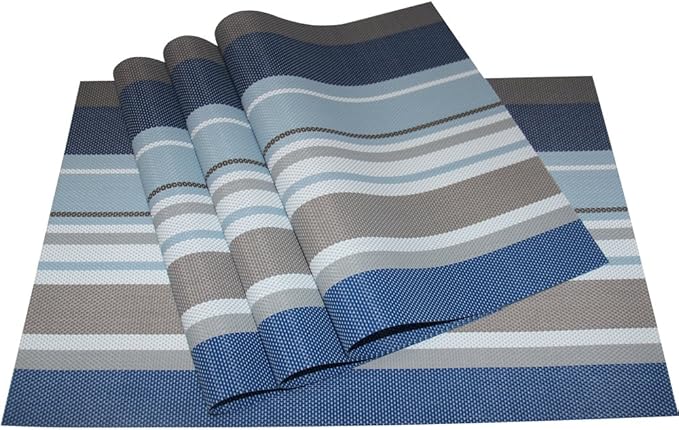 Zupro Placemats Set of 4 Washable Heat-Resistant Non Slip Braided Table Mats Woven PVC Vinyl Kitchen Place Mats for Everyday use or Dinner Parties BBQs Indoor and Ourdoor Use.18"x12"(Blue)