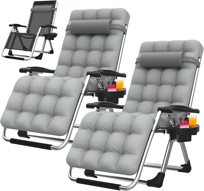 Suteck Zero Gravity Chairs Set of 2, Reclining Camping Chair with Cushion | Anti Gravity Recliner Lounge Chair with Aluminum Alloy Lock & Cup Holder, 90-170° Adjustable, for Lawn Patio Indoor
