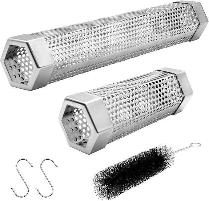 Pellet Smoker Tube Set, 6" & 12" Stainless Steel BBQ Wood Smoker Tube with Brush and 2 Hooks for 2.5hrs/5hrs of Billowing Cold/Hot Smoking for All Grills or Smokers, Smoking Cheese Beef Nuts Fish