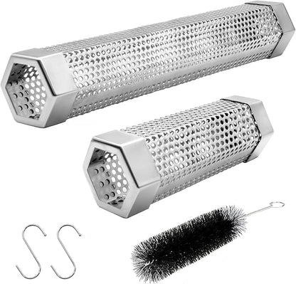 Pellet Smoker Tube Set, 6" & 12" Stainless Steel BBQ Wood Smoker Tube with Brush and 2 Hooks for 2.5hrs/5hrs of Billowing Cold/Hot Smoking for All Grills or Smokers, Smoking Cheese Beef Nuts Fish