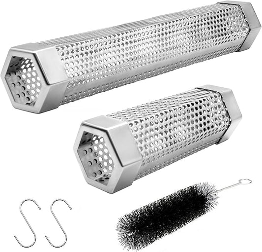 Pellet Smoker Tube Set, 6" & 12" Stainless Steel BBQ Wood Smoker Tube with Brush and 2 Hooks for 2.5hrs/5hrs of Billowing Cold/Hot Smoking for All Grills or Smokers, Smoking Cheese Beef Nuts Fish