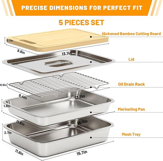 Grilling Prep and Serve Trays with Oil Drain Rack, Stainless Steel Grilling Prep and Serve Tray, Marinade Container with Lid, Oil Drain Rack, Cutting Board, BBQ Grill Accessories