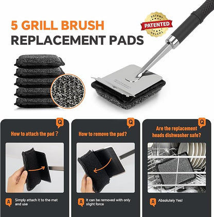 Bristle-Free Steam Grill Brush with 5 Replacement Pads – No Bristle Shedding. Unique Steel Fibers Pads Efficiently Deep Clean All Kinds of Grills. A Safe Outdoor Grill Cleaner.(Model-XD3000)