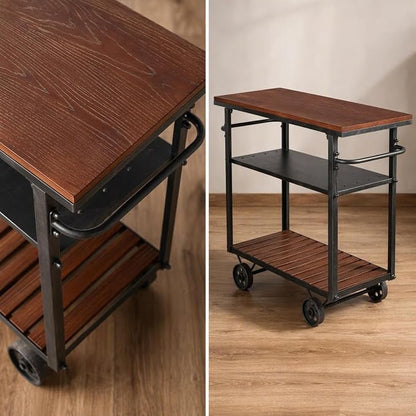 Rolling Bar Cart with Handle [3 Tier] Home Kitchen Microwave Cart Island On Wheels, Mobile Serving Cart Beverage Cart, Coffee Station (Metal/Wood, Industrial Black/Rustic Brown)