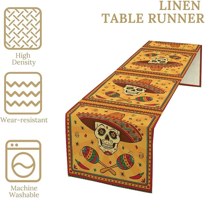 Cotton Linen Table Runner Mexican, Mexican Skull Cartoon Traditional Celebration Latino Rectangle Table Collection for Dinner Wedding Birthday Party 13x120 Inch