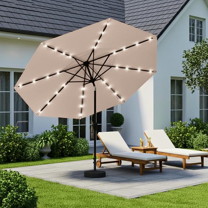 9' Solar LED Patio Umbrella with Tilt & Crank|8 Sturdy Ribs,UV Protection,Outdoor Market Table Umbrella for Deck,Lawn,Pool,Backyard(Beige)