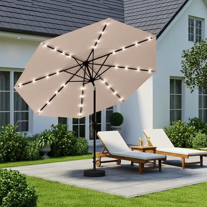 9' Solar LED Patio Umbrella with Tilt & Crank|8 Sturdy Ribs,UV Protection,Outdoor Market Table Umbrella for Deck,Lawn,Pool,Backyard(Beige)