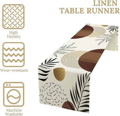 Brown Abstract Mid Century Table Runner Boho Tropical Leaves Botanical Geometric Arch Minimalisted Modern Dinner Runner for Farmhouse Home Kitchen Dining Holiday Party Decor 13x90in