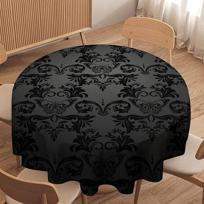 Gothic Black Damask Round Tablecloth, Vintage Floral Exotic Butterfly Suger Skull Bohemian Antique Tables Cloth Water Resistant Table Cover for Farmhouse Party Holiday Kitchen Dinner Table 36"