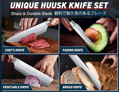 Huusk Japanese Kitchen Knife Set 6pcs with Gift Box, Butcher Knife Set for Meat Cutting, Cooking Knives with Meat Cleaver, Chef Knives Professional, Cool Mens Gift