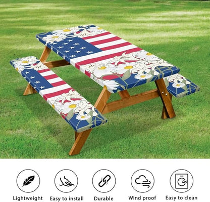 3 PCS Fitted Picnic Table Cover with Bench Cover Fitted Rectangle Tables and Seats Memorial Day Flag Outdoor Picnic Table Cover for Camping