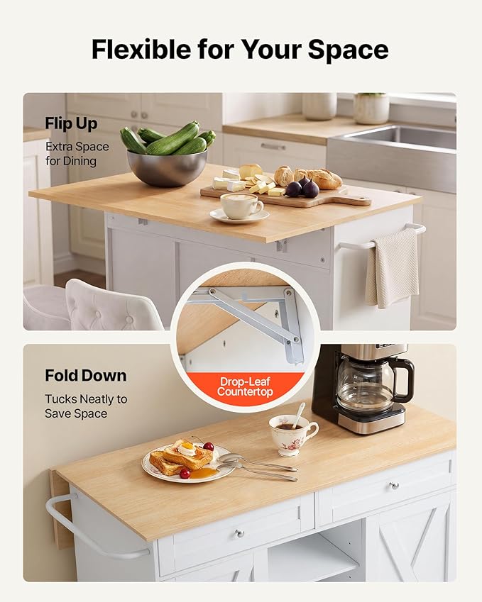 VEVOR Kitchen Island Cart with Storage, 45.67 in Wide Mobile Rolling Storage Island on Swivel Wheels, with 2 Drawers, Storage Cabinet, Drop Leaf, Towel Rack, Table for Home Dining Room, White