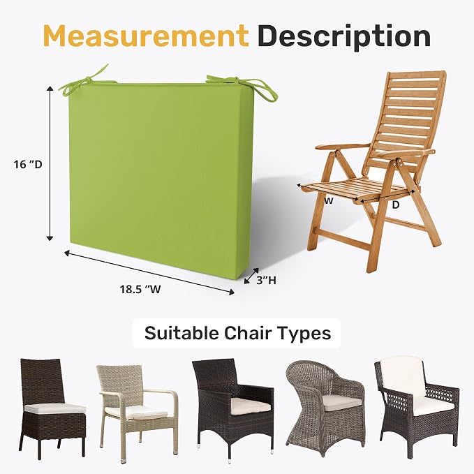UNIKOME Outdoor Chair Cushions Pack of 4, Water Resistant Patio Cushions with Ties, High Density Sponge Filling Square Corner Seat Cushions for Outdoor Furniture, 18.5"*16"*3", Green