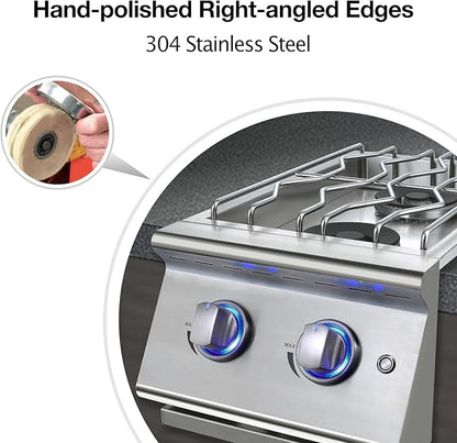 Double Grilling Side Burners for Outdoor Grill, Sturdy 304 Stainless Steel, with Liquid Propane Kit, Drop-in Side Burner for Outdoor Kitchen BBQ Island, 2 * 15,000BTU Natural Gas Side Burner