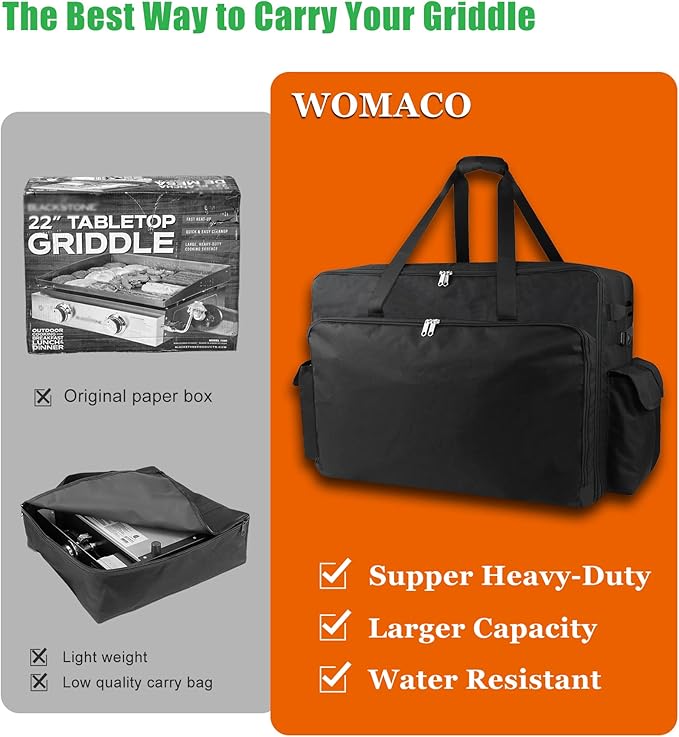 WOMACO 22 inch Griddle Carry Bag for Blackstone 17 & 22 Griddle with Hood Lid and Stand, Water-Resistant Outdoor Griddle Bag Case