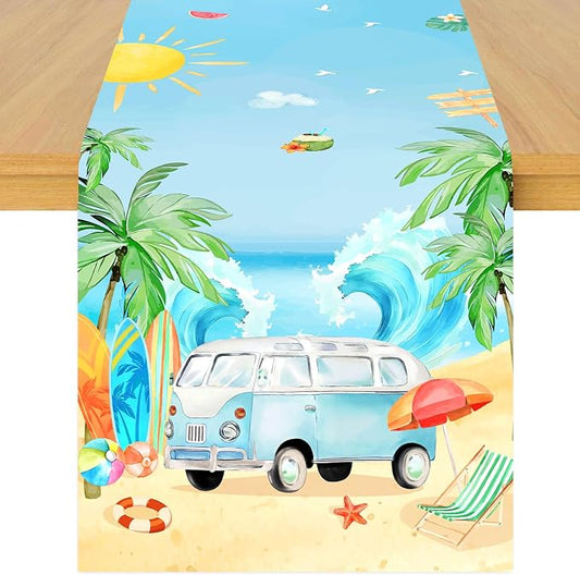 Surfing Theme Table Runner, Summer Beach Linen Fabric Table Runner for Everyday Use 72 x 13 Inches, Washable Table Cover for Indoor Outdoor Kitchen Dining Table Home Decorations