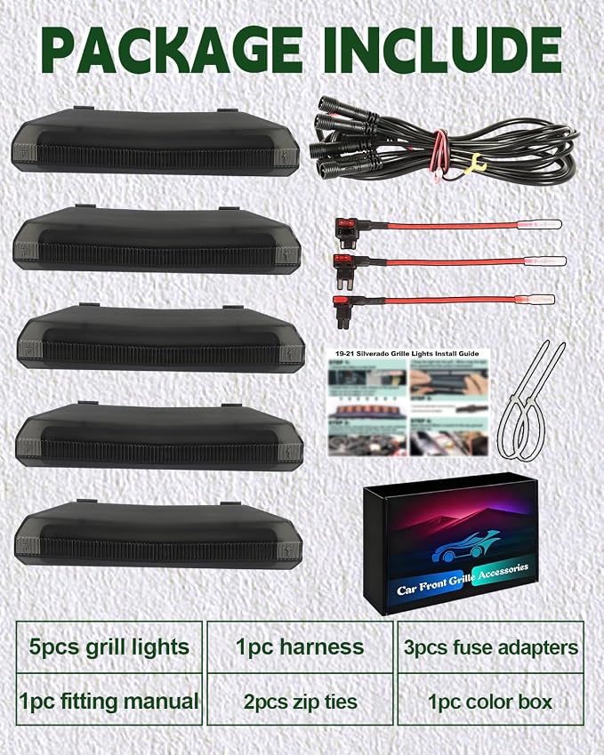 LED Grill Lights for 2019 2020 2021 Chevy Silverado Accessoreis | Clip On Front Grille Insert Light Bar Head Lamp Fits Silverado Trail Boss,WT,Custom Only
