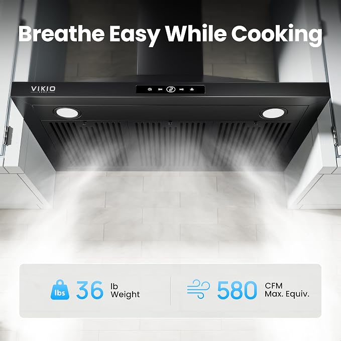VIKIO HOME 36 Inch Wall Mount Range Hood 580CFM Low Noise Touch Control | Ducted/Ductless Convertible, Stainless Steel Kitchen Vent Hood with 3-Speed Fan and LED Lights, Black