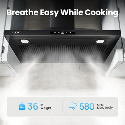 VIKIO HOME 36 Inch Wall Mount Range Hood 580CFM Low Noise Touch Control | Ducted/Ductless Convertible, Stainless Steel Kitchen Vent Hood with 3-Speed Fan and LED Lights, Black