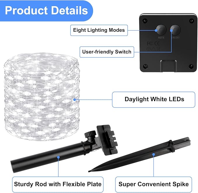 Brightever Solar String Lights, 2-Pack Total 80FT 200LED Solar Fairy Lights with 8 Lighting Modes, Solar Lights Outdoor Waterproof for Christmas Wedding Party Tree Yard Decoration (Daylight White)