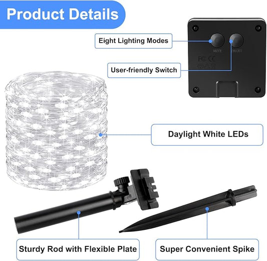 Brightever Solar String Lights, 2-Pack Total 80FT 200LED Solar Fairy Lights with 8 Lighting Modes, Solar Lights Outdoor Waterproof for Christmas Wedding Party Tree Yard Decoration (Daylight White)