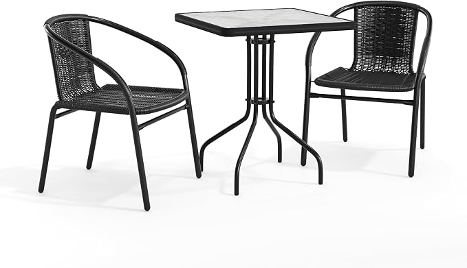 Flash Furniture Lila 23.5'' Square Glass Metal Table with 2 Black Rattan Stack Chairs | Durable Construction, Commercial Use