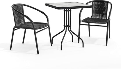 Flash Furniture Lila 23.5'' Square Glass Metal Table with 2 Black Rattan Stack Chairs | Durable Construction, Commercial Use
