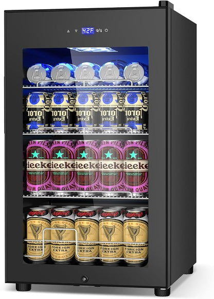 Velivi 17Inch Beverage Refrigerator and Cooler Freestanding, 96 Cans Mini Fridge with glass door and Lock, Small Drink Fridge for Soda, Beer, Wine, For Home Bar Office with LED Light