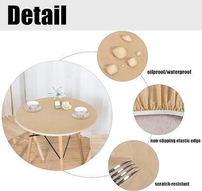 LUSHVIDA Round Waterproof Table Cover Elastic Vinyl Fitted Tablecloth Elastic Edged Plastic Table Cloth (Champagne, Best for Up to 57"-68" Round)