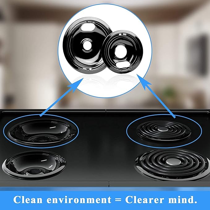 W10290350 W10290353 Burner Porcelain Drip Pans Set Replacement by APPLIANCEMATES Fits whirlpool Electric Range Stove Top Drip Bowls 4-Pack Includes 2 Large 8-Inch and 2 Small 6-Inch (Black)