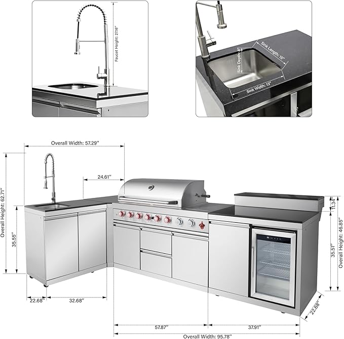 96" Modular Outdoor Kitchen Island with Side Burner, 6-Burner 95,500 BTU Propane BBQ Island, Refrigerator, Bar Counter, Integrated Sink & 3-Tier Corner Cabinet, Silver