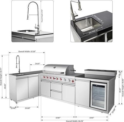 96" Modular Outdoor Kitchen Island with Side Burner, 6-Burner 95,500 BTU Propane BBQ Island, Refrigerator, Bar Counter, Integrated Sink & 3-Tier Corner Cabinet, Silver