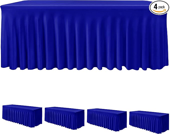 4 Pcs Royal Blue Spandex Table Covers 8ft Rectangle Ruffle Skirts for Party | Elastic Table Covers 8 Foot, Pleated Fitted Table Cloths, Wrinkle Resistant Elegant Table Skirts Wedding, Banquets