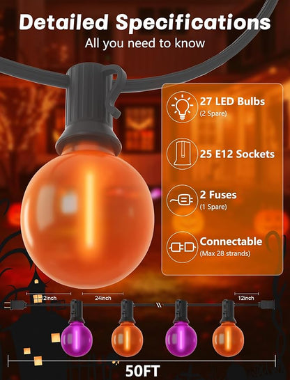 50ft Halloween Outdoor String Lights, G40 LED Halloween Globe Lights with 27 Frosted Orange and Purple Bulbs(2 Spare) for Outdoor Indoor Patio Yard Roofline Decorations, E12 Socket, Black Wire