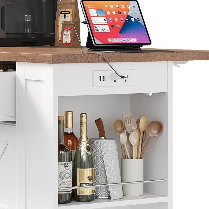 Kitchen Storage Island with 2 Stools, 51.2” Mobile Kitchen Cart with Drop Leaf & Power Outlet, Rolling Island Table Dining Room Buffet with 2 Drawers & Side Storage Rack &Towel Rack, White