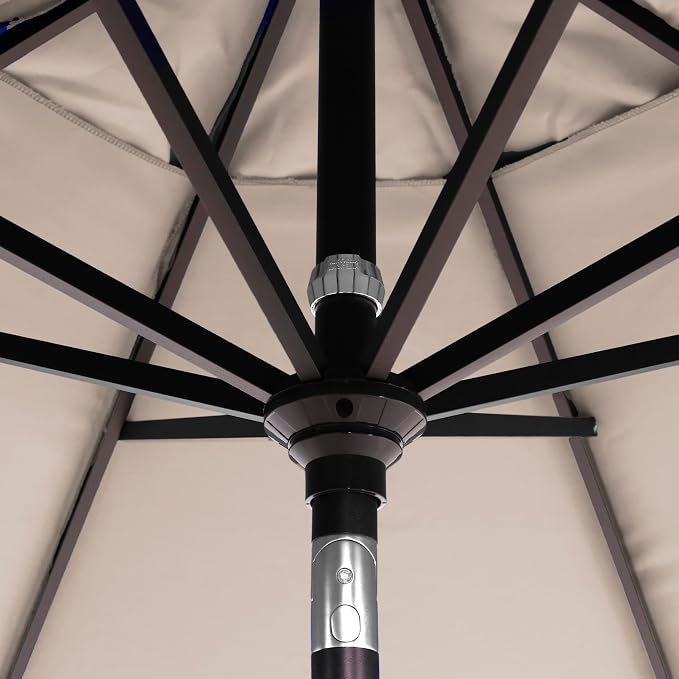 California Umbrella 12-Year-Non-Fading, 9Ft Premium Sunbrella Patio Umbrella, Hand-Crank, Button-Tilt, Bronze Frame, Taupe Fabric