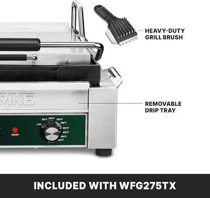 Waring Commercial Panini Press with Programmable Timer, Flat Cast Iron Plates, 14" x 14" Cooking Surface, 570°F Adjustable Thermostat, for Sandwiches up to 3" Thick, 120V, WFG275TX