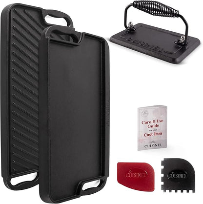 Cuisinel Cast Iron Griddle/Grill + Burger Press + Pan Scrapers - Reversible Pre-Seasoned 20" X 10" Dual Handle Flat Skillet + Griller Pan + Cleaning Accessories - Use Indoor/Outdoor Stove Burner, Gas