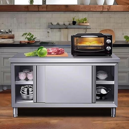 Stainless Steel Commercial Worktable w/Sliding Doors for Prep & Work 47" x 20" Commercial Kitchen Prep Table Heavy Duty Workbench w/Cabinet for Home Restaurant Hotel and Garage