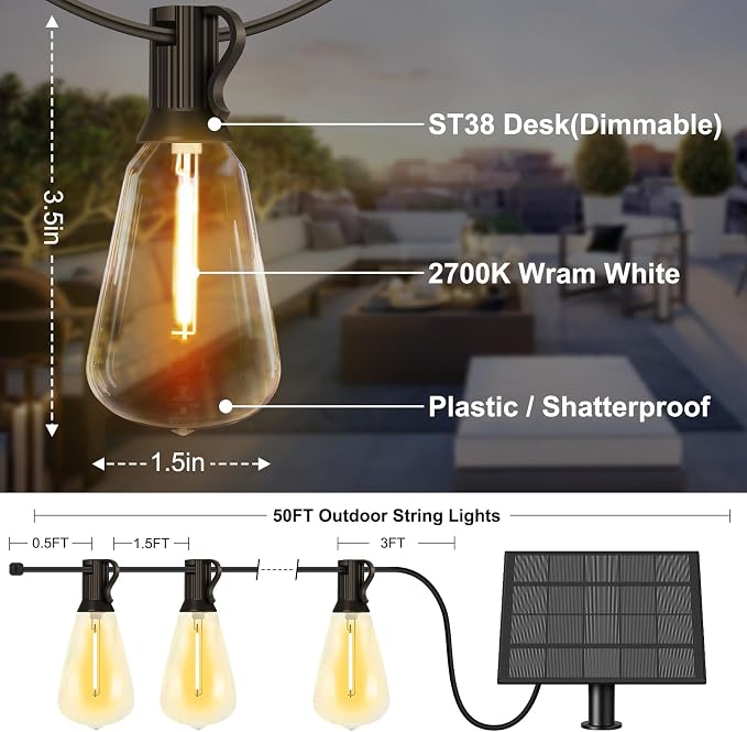 50FT Solar String Lights with 32 Bulbs 1.5FT Bulbs Spacing, 10Hours, Remote | 2Spare Bulbs, 3600mAm Battery, Remote On/Off & Sensor, Zipper & Screw, IP65 Waterproof For Patio Outside Backyard