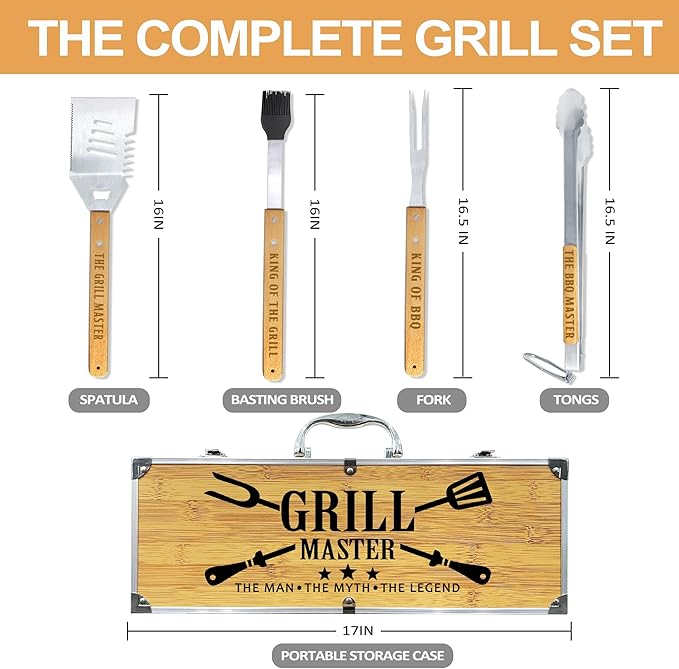 Grilling Accessories, Fathers Day Grilling Gifts for Men, Birthday Gift for Dad, Heavy Duty Wooden BBQ Grill Kit, Thick Stainless Steel Grill Utensils with Non-Slip Handle Tools in Portable Bag