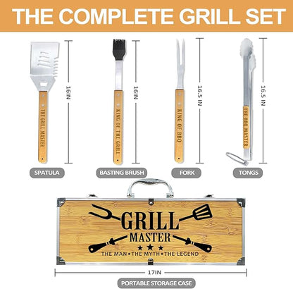 Grilling Accessories, Fathers Day Grilling Gifts for Men, Birthday Gift for Dad, Heavy Duty Wooden BBQ Grill Kit, Thick Stainless Steel Grill Utensils with Non-Slip Handle Tools in Portable Bag