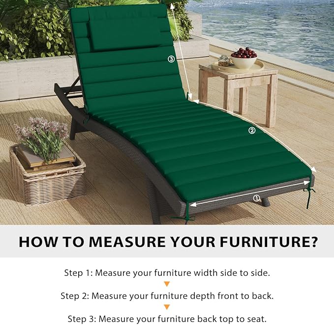 Sundale Outdoor Olefin Quilted Lounge Cushion Set of 2, Patio Foldable Chaise Lounger Cushion, Water-Resistant Lounge Chair Pad with Straps Dark Green, 72 x 21 inches