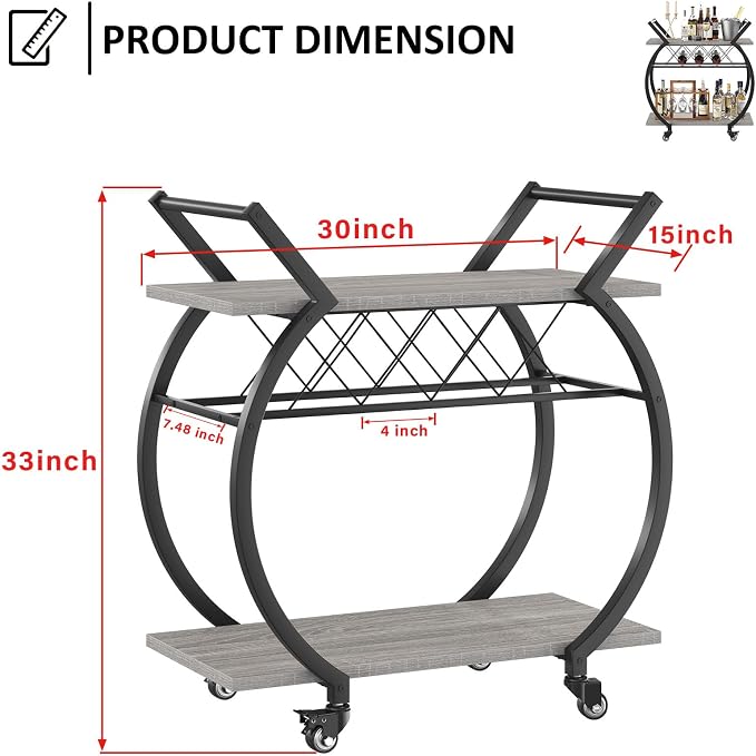 LVB Bar Carts for the Home, Industrial Wine Cart with Storage, Grey Oak | Modern Bar Cart with Wine Rack, Beverage Rolling Kitchen Serving Cart, Wooden Microwave Drink Liquor Cart for Dining Room